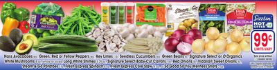 Hass Avocadoes ea., Green, Red or Yellow Peppers ea., Key Limes 1 lb., Seedless Cucumbers ea., Green Beans lb., Signature Select or O Organics white Mushrooms 8 oz., whole or sliced, Long White Shimeji 5.29 oz., Signature Select Baby-Cut Carrots 1 lb.,