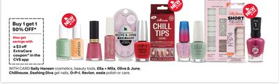 Sally Hansen cosmetics, beauty tools, Ella + Mila, Olive & June, Chillhouse, Dashing Diva gel nails, O-P-I Revlon, essie polish or care.