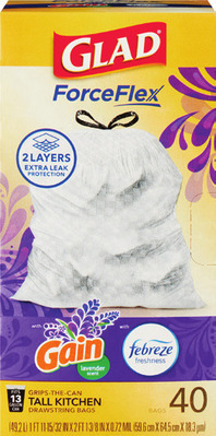 Glad kitchen 13 gallon 34-40 ct. or ForceFlex Multipurpose 20-25 ct. trash bags.