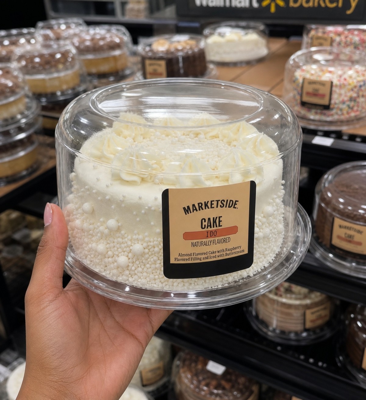 MARKETSIDE CAKE I DO NATURALLY FLAVORED Almond Flavored Cake with Raspberry Flavored Filling and Iced with Buttercream