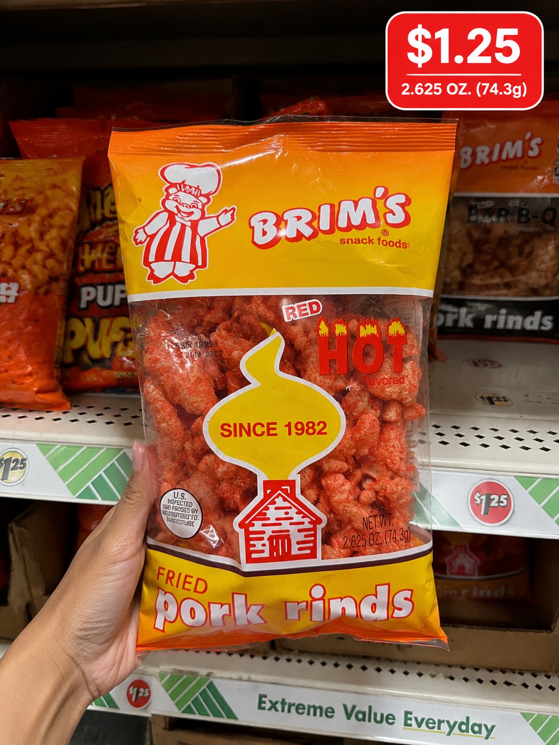 BRIM'S RED HOT flavored FRIED Pork rinds