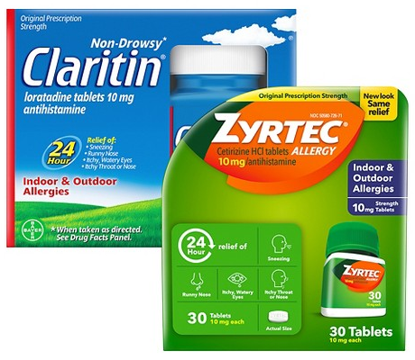 Zyrtec or Claritin 30-ct. allergy-relief tablets