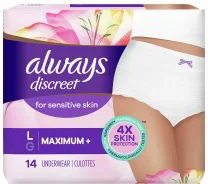 Always Discreet Sensitive Skin Underwear, Maximum Plus Absorbency, Fragrance-Free, Large, 14 ct