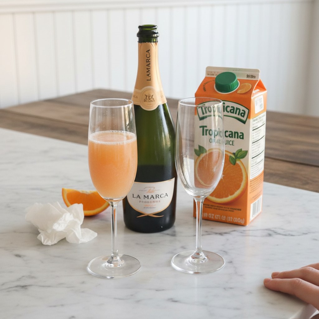 Mimosa setup with Costco OJ and La Marca Prosecco