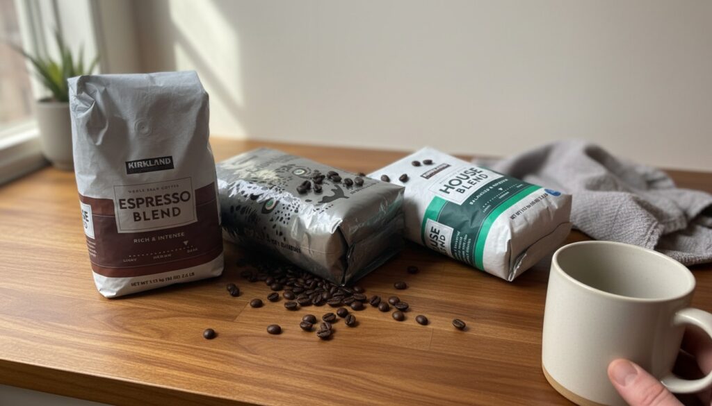 Three Kirkland Costco coffee bags on a kitchen counter — blogger flat-lay