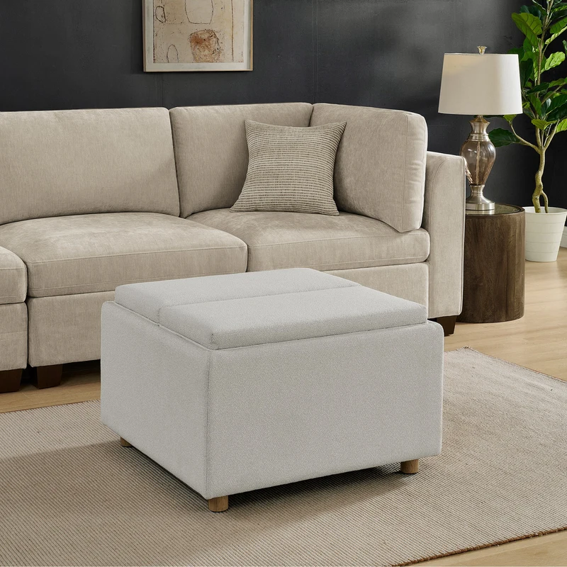 Henredon Sona Fabric Storage Ottoman with Reversible Wood Tray Tops
