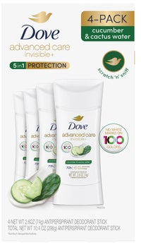Dove Advanced Care Invisible+ Deodorant, 2.6 oz, 4-pack
