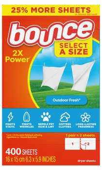 Bounce Select a Size Fabric Softener Dryer Sheets, Outdoor Fresh, 400-count