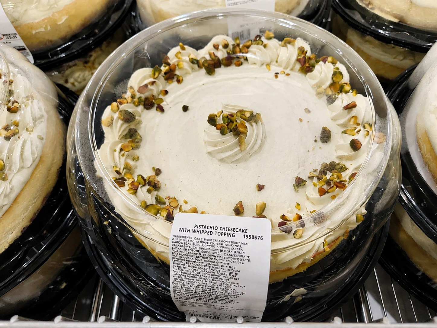 Costco Pistachio Cheesecake on the bakery shelf