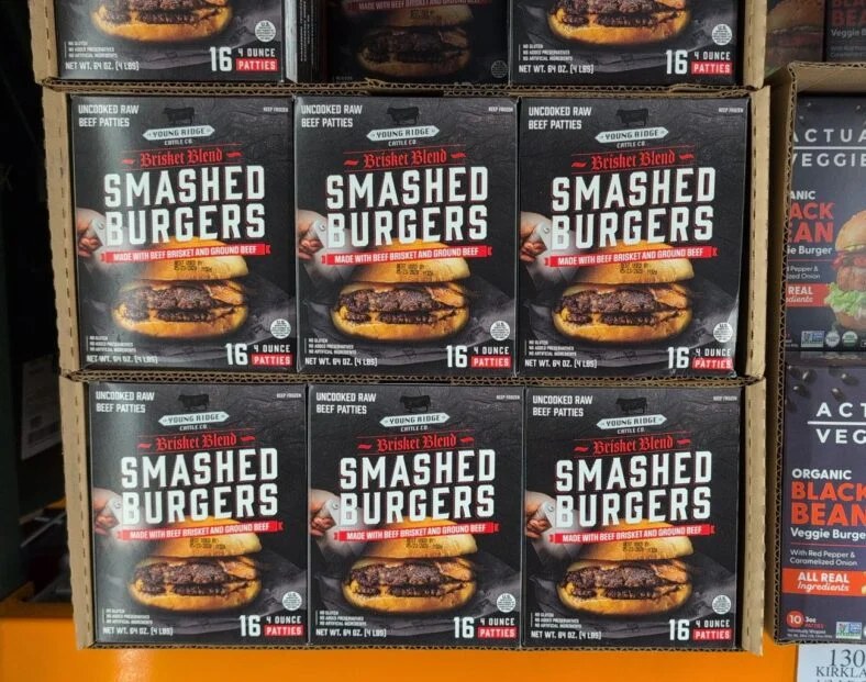 Young Ridge Cattle Co. Brisket Blend Smash Burgers frozen 4-pound box at Costco