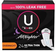 U by Kotex AllNighter Ultra Thin Overnight Pads with Wings, Unscented, 28 ct