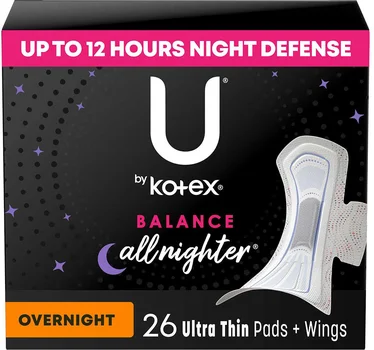 U by Kotex Balance Ultra Thin Overnight Pads with Wings, 26 ct