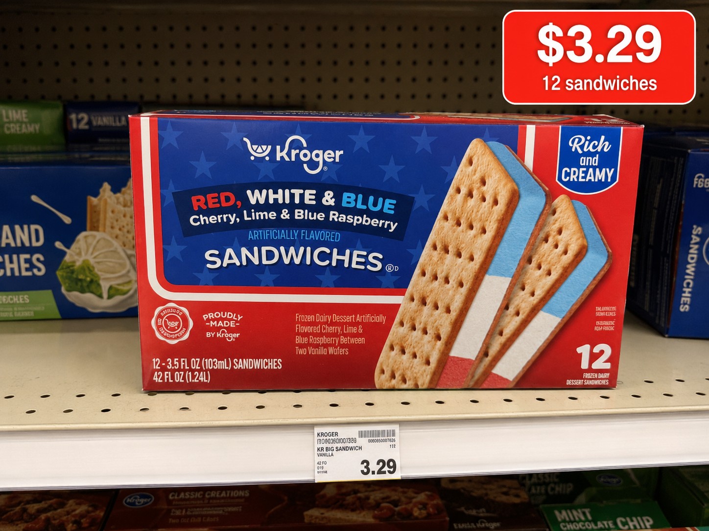 Kroger RED, WHITE & BLUE Cherry, Lime & Blue Raspberry ARTIFICIALLY FLAVORED SANDWICHES