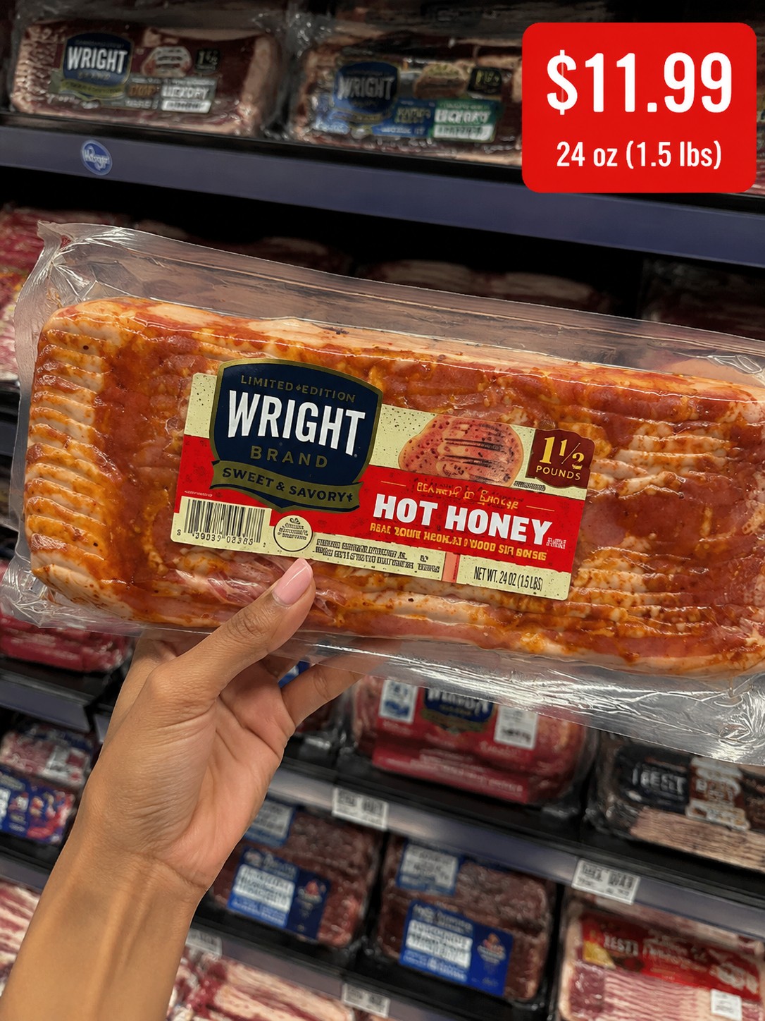 Wright Brand Hot Honey Bacon Limited+Edition Sweet & Savory Real Wood Smoked Thick Cut Bacon