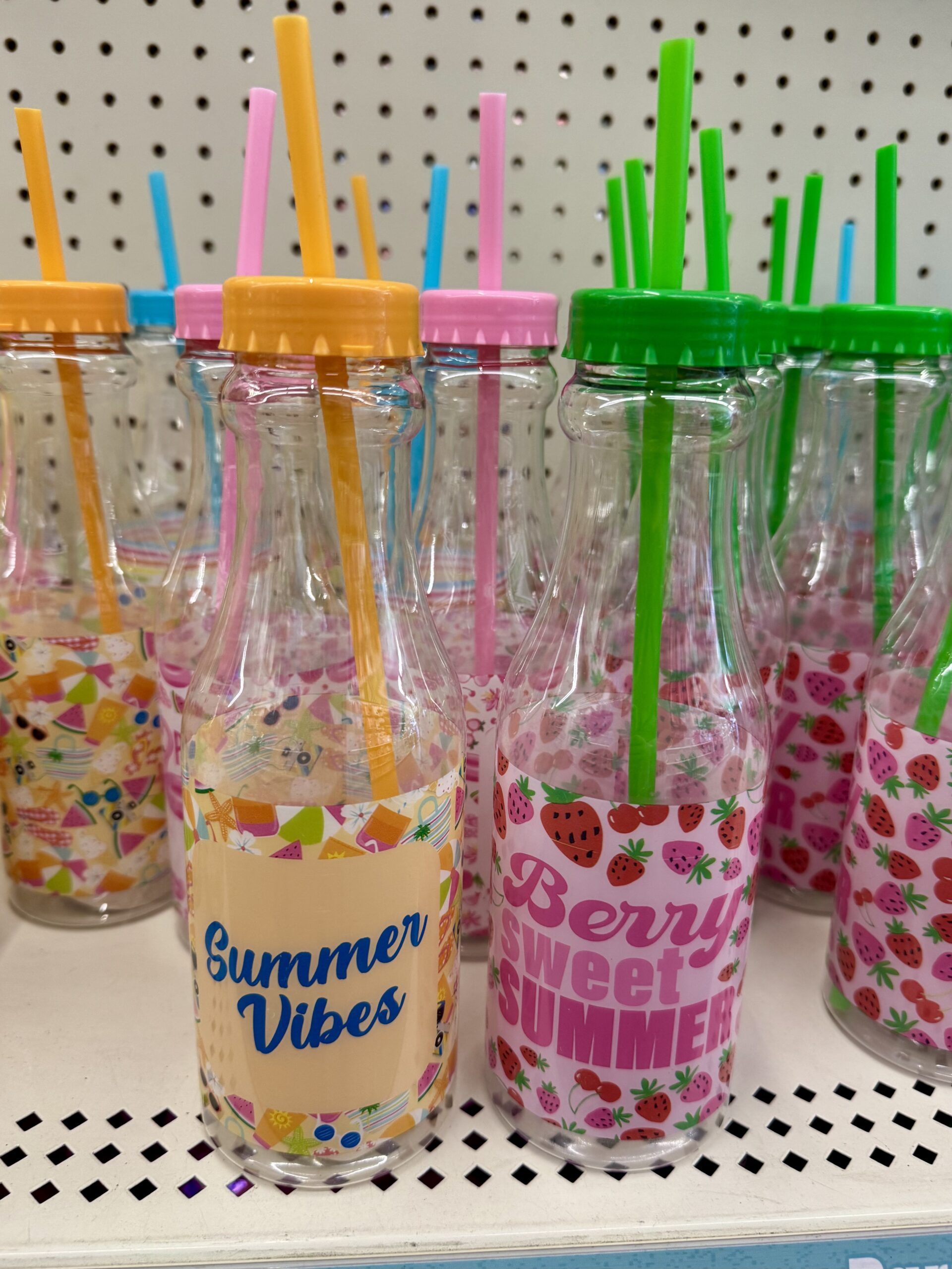 Summer Themed Reusable Plastic Water Bottles with Straws - in store