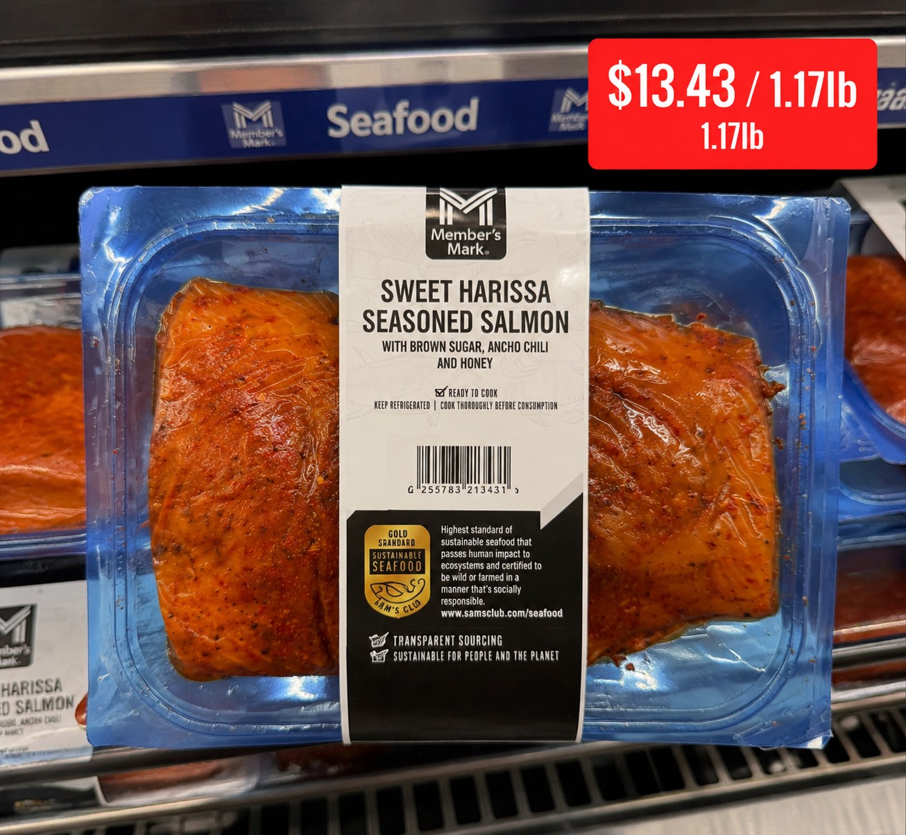 Member's Mark SWEET HARISSA SEASONED SALMON WITH BROWN SUGAR, ANCHO CHILI AND HONEY