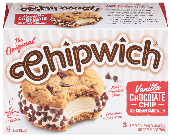 Chipwich Vanilla Chocolate Chip Ice Cream Cookie Sandwiches - 3 ct