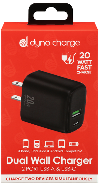 Dyno Charge 2 Port USB-A/USB-C Fast Charge Dual Wall Charger Black