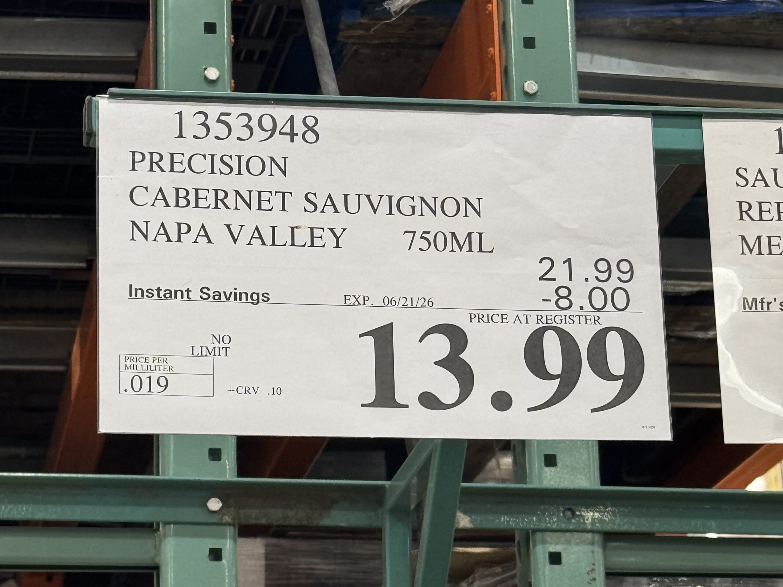 Precision Cabernet Sauvignon Napa Valley - price tag