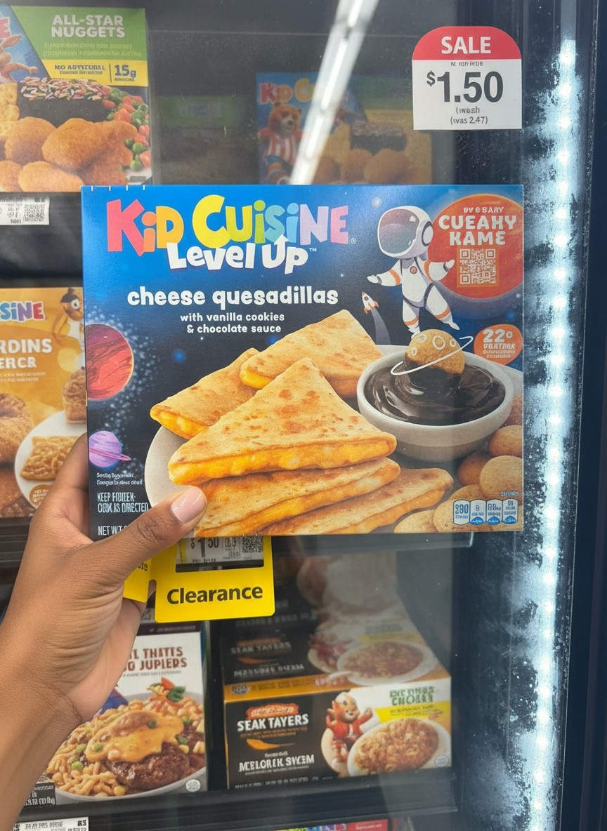 KID CUISINE Level UP cheese quesadillas with vanilla cookies & chocolate sauce