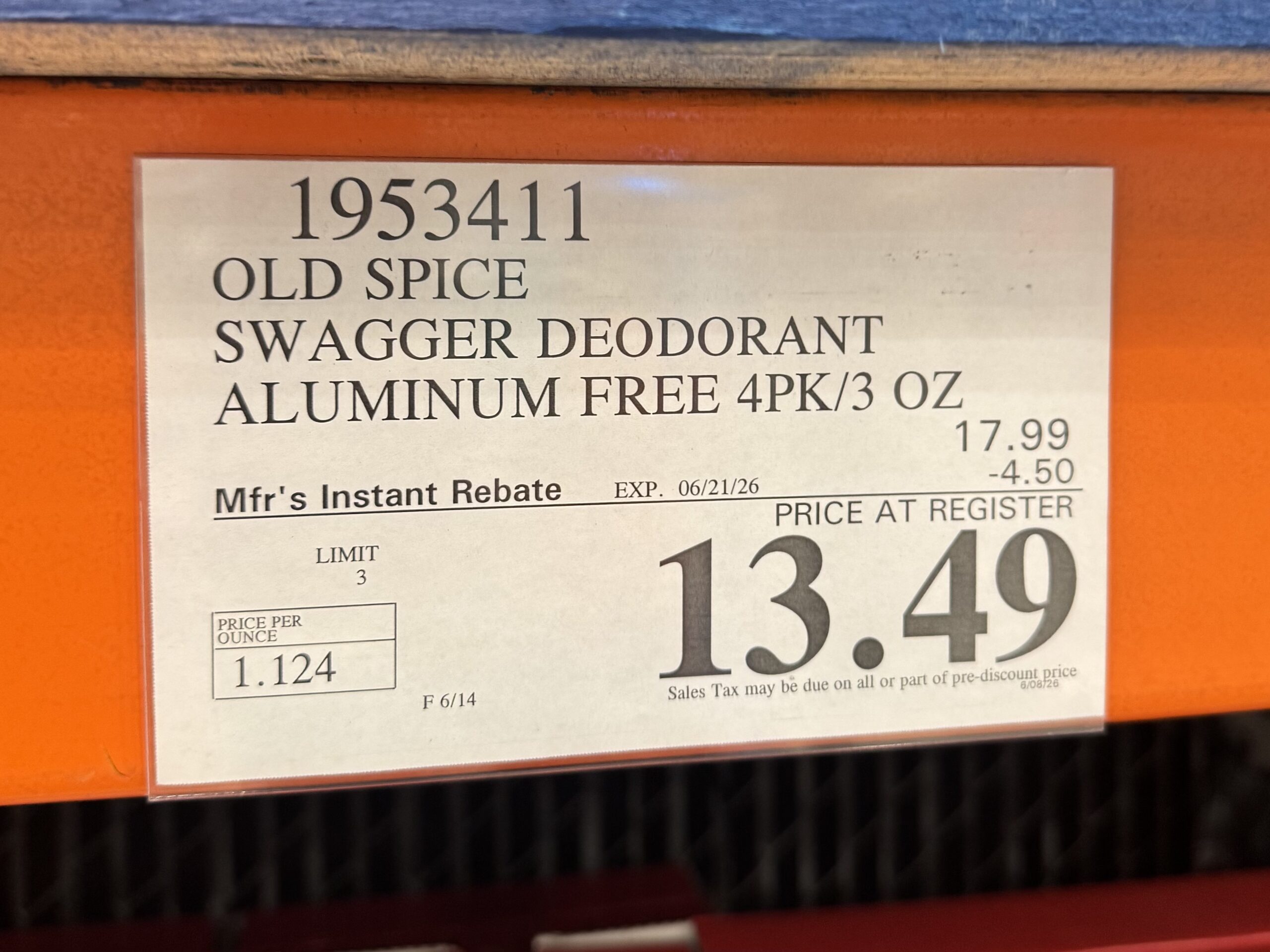 Old Spice Swagger Aluminum Free Deodorant - price tag