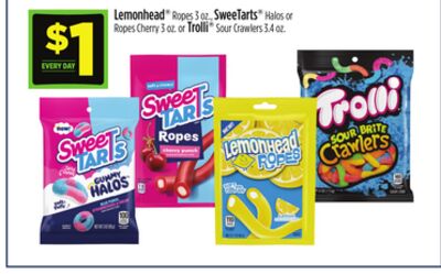 Lemonhead® Ropes 3 oz or Sweetarts® Ropes Cherry 3 oz or Trolli™ Sour Crawlers 5.4 oz.