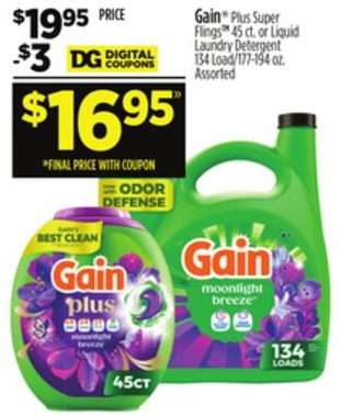 Gain® Plus Super Flings™ 45 ct. or Liquid Laundry Detergent 134 Load/177-194 oz.