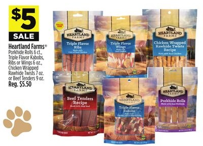 Heartland Farms® Porkhide Rolls, Triple Flavor Kabobs, Ribs or Wings, Chicken Wrapped Rawhide Twists or Beef Tenders
