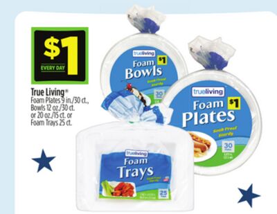 True Living Foam Plates, Bowls and Trays