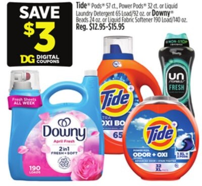 Tide® Pods® 57 ct., Power Pods® 32 ct., or Liquid Laundry Detergent 65 Load/92 oz., or Downy® Beads 24 oz., or Liquid Fabric Softener 190 Load/140 oz.