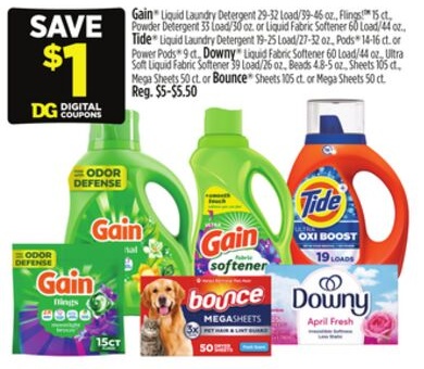 Gain® Liquid Laundry Detergent, Flings!™, Powder Detergent or Liquid Fabric Softener, Tide® Liquid Laundry Detergent, Pods® or Power Pods®, Downy® Liquid Fabric Softener, Ultra Soft Liquid Fabric Softener, Beads, Sheets, Mega Sheets or Bounce® Sheets