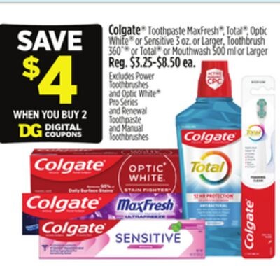 Colgate® Toothpaste MaxFresh®, Total®, Optic White® or Sensitive 3 oz. or Larger, Toothbrush 360°® or Total® or Mouthwash 500 ml or Larger