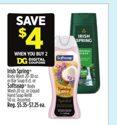 Irish Spring® Body Wash 20-30 oz., or Bar Soap 8 oz., or Softsoap® Body Wash 20 oz., or Liquid Hand Soap Refill 50 oz.