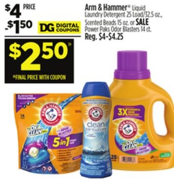 Arm & Hammer® Liquid Laundry Detergent 25 Load/52.5 oz., Scented Beads 15 oz. or SALE Power Paks Odor Blasters 14 ct.