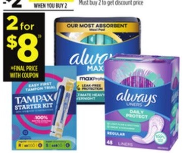 Tampax® Tampons 12-18 ct. or Always® Liners 40-72 ct. or Pads 20 ct. or Less
