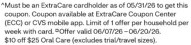 ^ Must be an ExtraCare cardholder as of 05/31/26 to get this coupon. Coupon available at ExtraCare Coupon Center (ECC) or CVS mobile app. Limit of 1 offer per household per