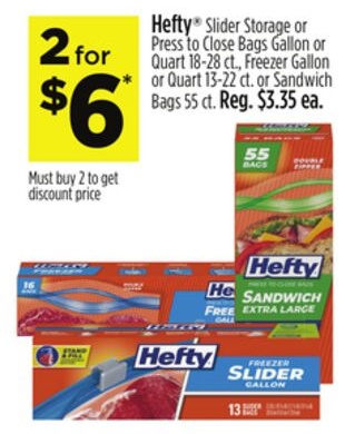 Hefty® Slider Storage or Press to Close Bags Gallon or Quart, Freezer Gallon or Quart or Sandwich Bags