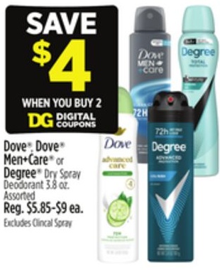 Dove®, Dove® Men+Care® or Degree® Dry Spray Deodorant