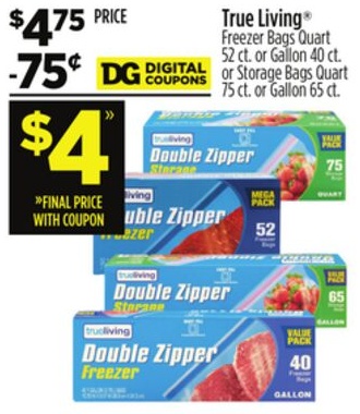 True Living® Freezer Bags Quart 52 ct. or Gallon 40 ct. or Storage Bags Quart 75 ct. or Gallon 65 ct.