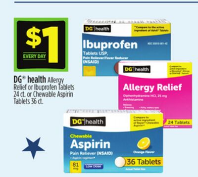 DG® health Allergy Relief or Ibuprofen Tablets 24 ct. or Chewable Aspirin Tablets 36 ct.