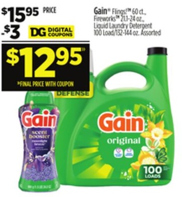 Gain Flings™ 60 ct., Fireworks® 21+24 oz., Liquid Laundry Detergent 100 Load/132-144 oz.