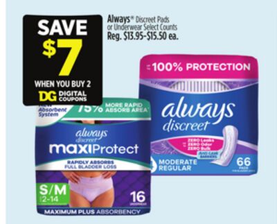 Always® Discreet Pads or Underwear Select Counts