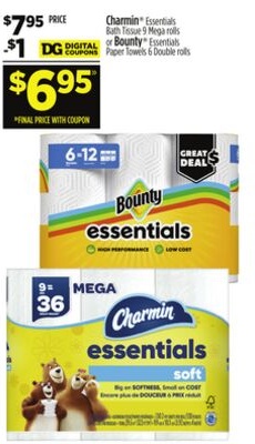 Charmin® Essentials, With Tissue 9 Mega rolls or Bounty® Essentials Paper Towels 6 Double rolls