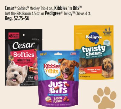 Cesar® Softies™ Medley Trio, Kibbles 'n Bits™ Just the Bits Bacon or Pedigree® Twisty™ Chews