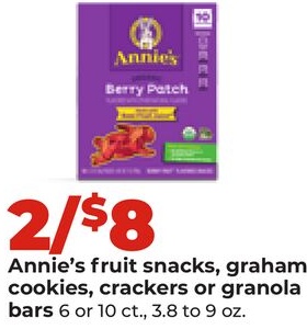 Annie's fruit snacks, graham cookies, crackers or granola bars