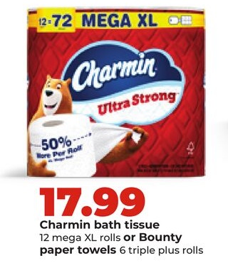 Charmin bath tissue 12 mega XL rolls or Bounty paper towels 6 triple plus rolls