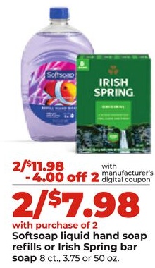 Softsoap liquid hand soap refills or Irish Spring bar soap