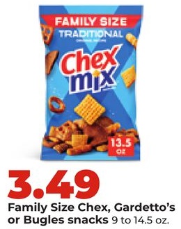 Family Size Chex, Gardetto's or Bugles snacks