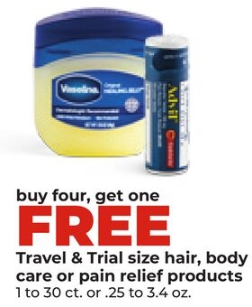 Travel & Trial size hair, body care or pain relief products