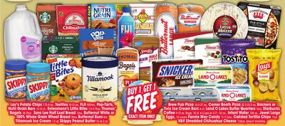 Lay's Potato Chips 7.75-8 oz., Tostitos 10-12 oz., FIJI 500mL, Pop-Tarts, Nutri Grain Bars 12-16 ct., Entenmann's Little Bites 7.5-9.75oz, Thomas' Bagels 18-19oz., Sara Lee Half Loaf Bread 12oz., Butternut White or 100%